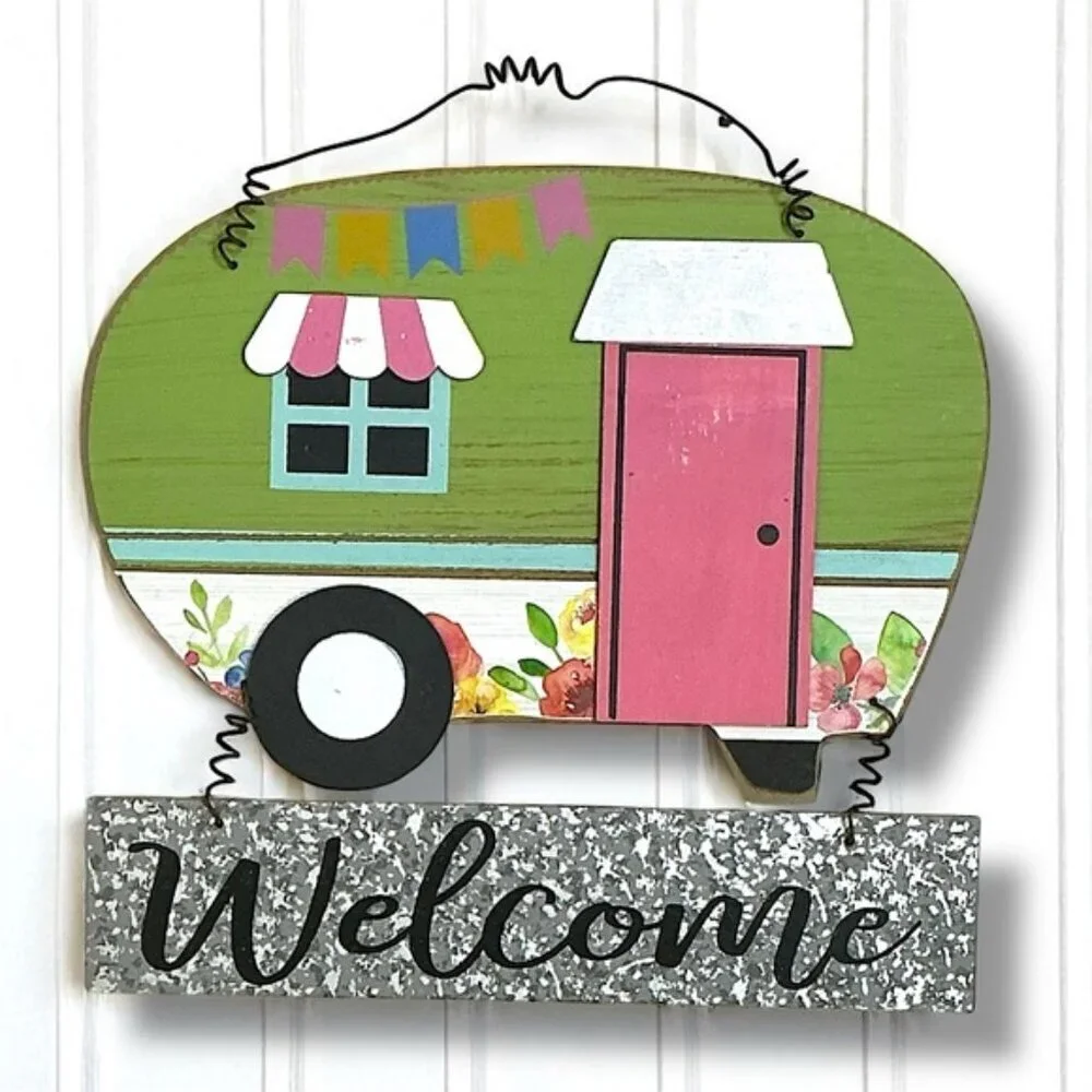 Camper Welcome Sign Colorful Wall Decor Retro Green Pink